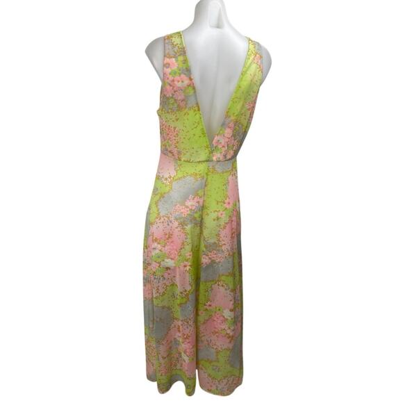 Vintage Val Mode Green Floral Grass Sleeveless Plunging A Line Maxi Dress Sz M - Picture 2 of 3